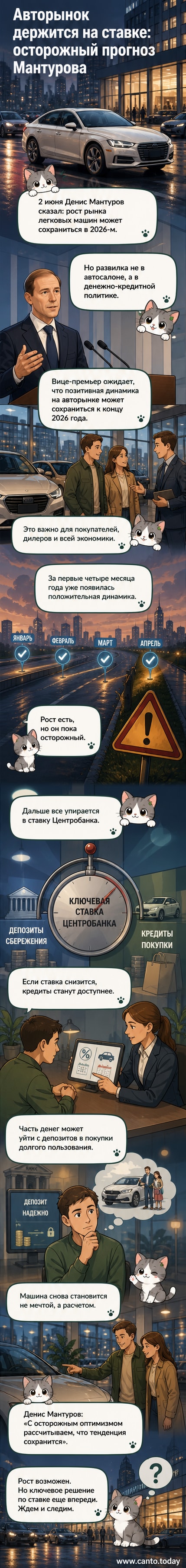 Иллюстрация: российская дорога с новыми автомобилями, фоном — здание Центрального банка и график роста продаж