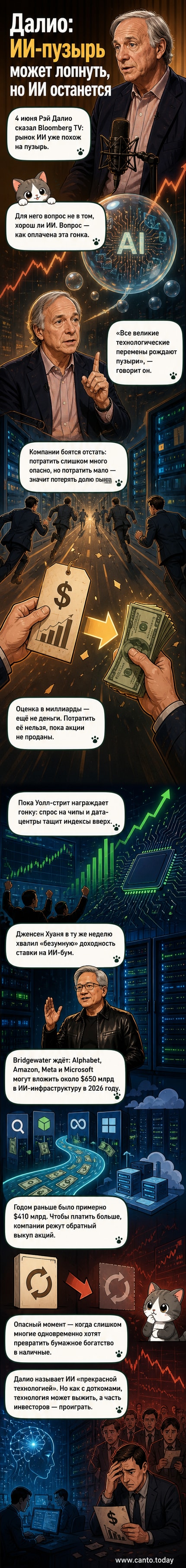 Иллюстрация: Рэй Далио стоит перед графиком роста ИИ-рынка, который превращается в пузырь, готовый лопнуть, но за ним — устойчивая технологическая волна.