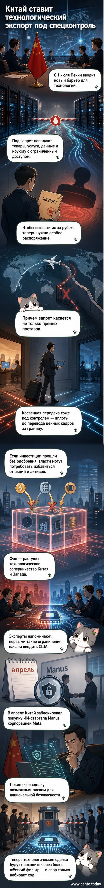 Иллюстрация: китайский флаг и схематичные микросхемы с запрещающим знаком, символизирующие усиление контроля за технологиями