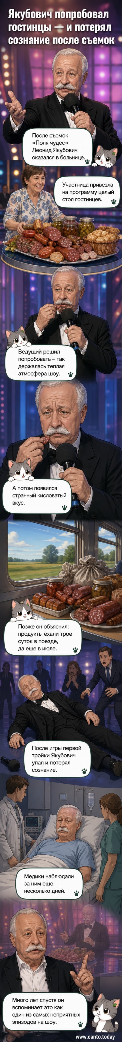 Иллюстрация: Леонид Якубович на сцене «Поля чудес», держится за барабан, рядом разложены продукты, его лицо бледное.