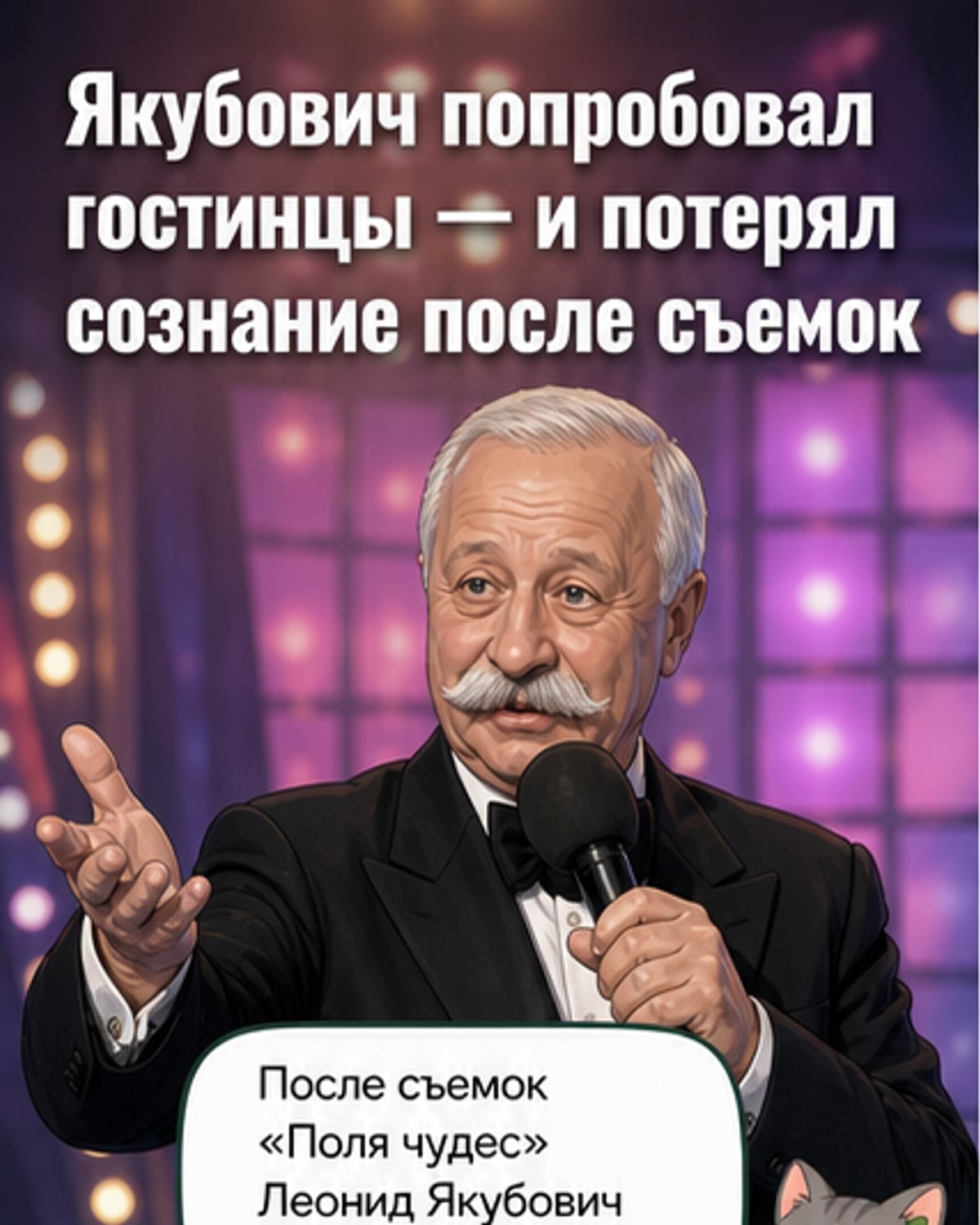 Иллюстрация: Леонид Якубович на сцене «Поля чудес», держится за барабан, рядом разложены продукты, его лицо бледное.