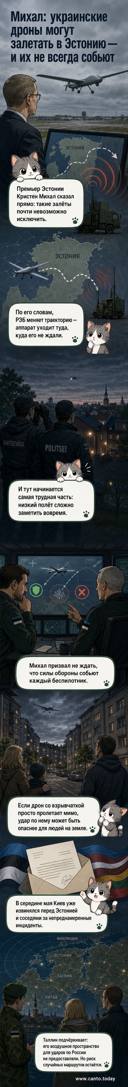 Иллюстрация: прозрачное небо над Эстонией, вдалеке — тень украинского дрона, на земле — военные и полиция в нерешительности смотрят вверх