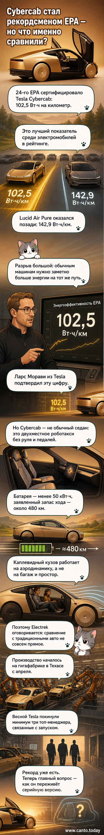 Иллюстрация компактного двухместного электромобиля Tesla Cybercab каплевидной формы, паркующегося на фоне города будущего