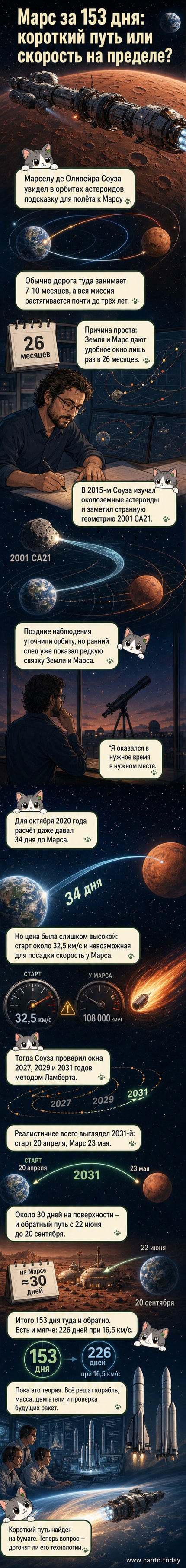 Иллюстрация: космический корабль следует по сокращённой траектории между Землёй и Марсом, используя гравитационную геометрию и данные астероида 2001 CA21.