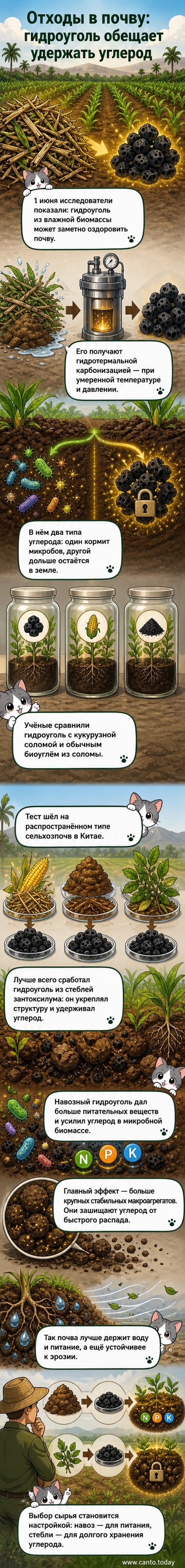Анимация: фермер вносит тёмный порошок (гидроуголь) в почву, под слоем земли видны растущие корни и структура агрегатов, углеродные молекулы остаются в почве