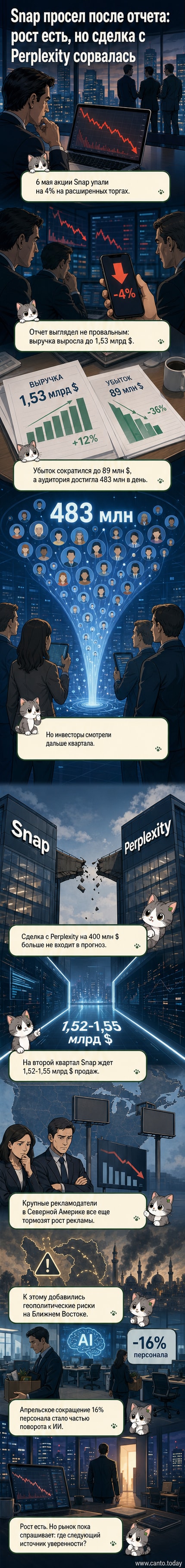 График падения акций Snap на фоне новостей о разрыве ИИ-сделки и финансовых результатах