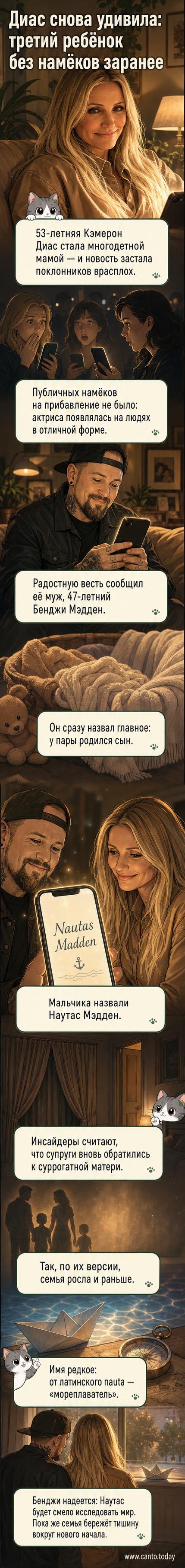 Иллюстрация: Кэмерон Диас и Бенджи Мэдден держат на руках новорождённого сына, рядом — старшие дети. На заднем плане — стилизованная карта мира с маршрутом путешественника, отсылающая к имени «Наутас».