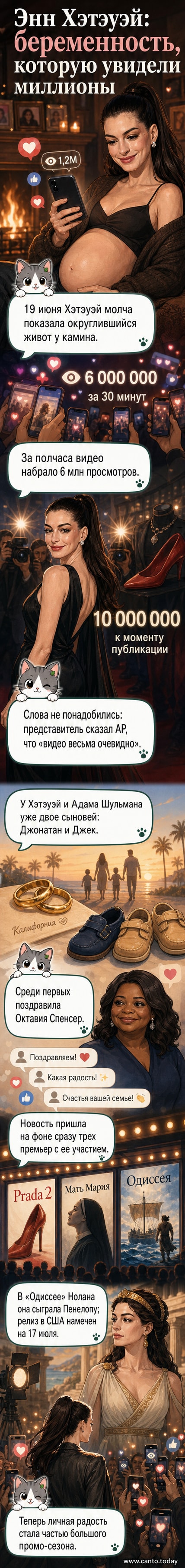 Энн Хэтэуэй у камина, улыбается, руки на округлённом животе — кадр из её Instagram-видео, ставшего вирусным.