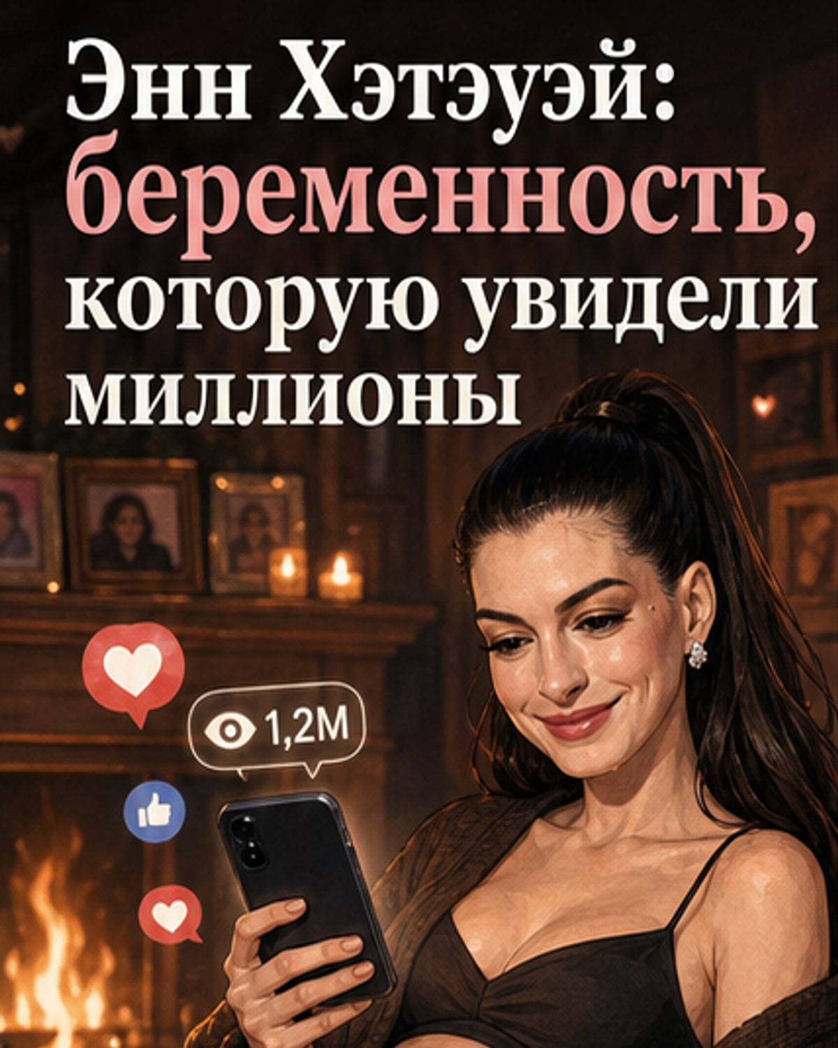 Энн Хэтэуэй у камина, улыбается, руки на округлённом животе — кадр из её Instagram-видео, ставшего вирусным.