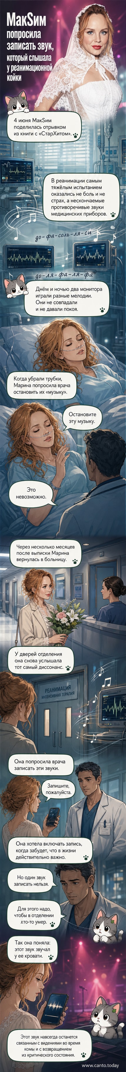 Иллюстрация: певица МакSим в больничной палате, вокруг — мигающие мониторы с волнами и цифрами, один из которых издаёт звук, обозначенный нотами с диссонансом.