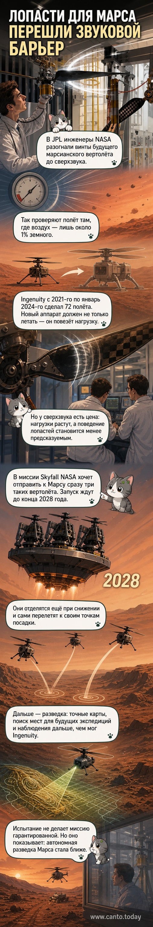 Иллюстрация: марсианский вертолёт с быстро вращающимися лопастями на фоне красной поверхности планеты, небо оранжевое, вдали — след от посадки.
