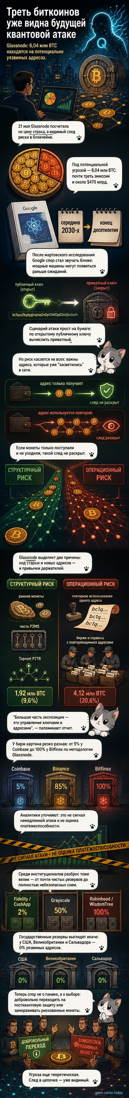 Иллюстрация: квантовый компьютер проецирует луч на блокчейн-сеть, где часть биткоин-адресов подсвечена красным — они уязвимы к атаке.
