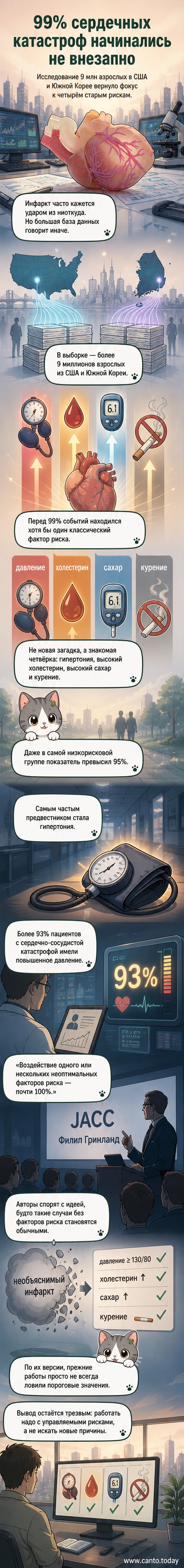 Иллюстрация четырёх факторов риска сердечного приступа: гипертония, высокий холестерин, высокий уровень сахара и курение — с цифрами и символами на фоне сердца.