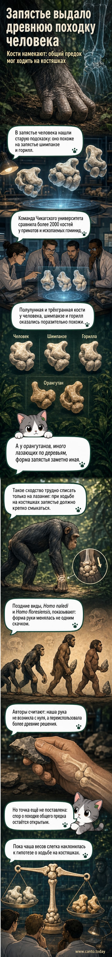 Сравнение анатомии запястья человека, шимпанзе и гориллы, показывающее схожесть костей, связанных с ходьбой на костяшках.