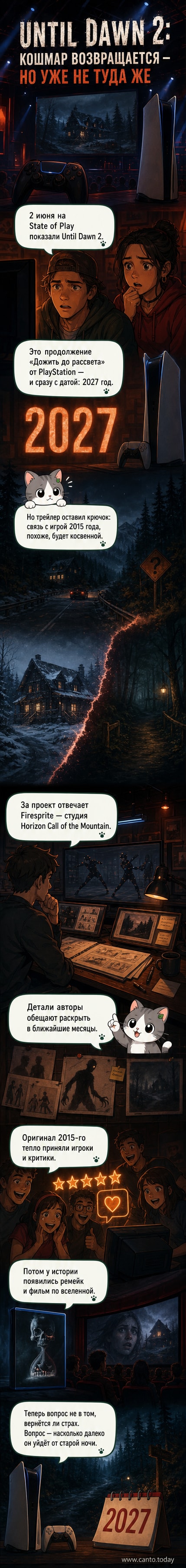 Официальный анонс Until Dawn 2 — сиквела культового хоррора — на фоне мрачной атмосферы леса и горы, с логотипом игры и датой выхода 2027