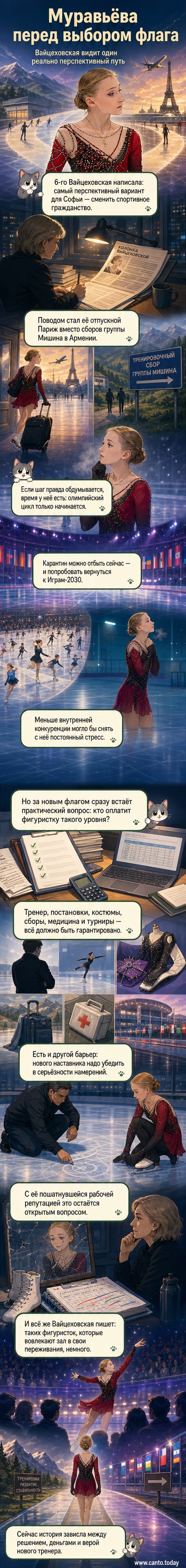 Фигуристка в одиночестве на льду под чужим флагом, символизирующая возможный уход из сборной России