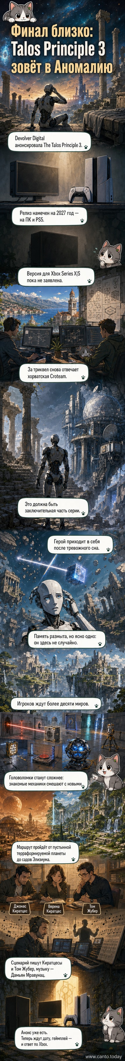 Обложка The Talos Principle 3: игрок в роботизированном костюме стоит перед разрушенным храмом на фоне искажённого неба с парящими объектами и странными символами.