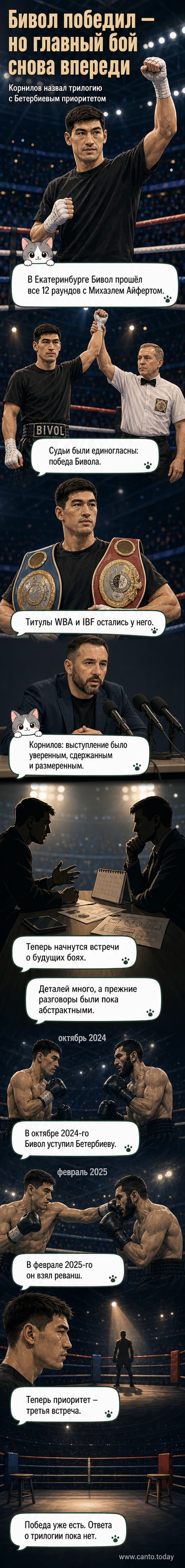 Боксёр Дмитрий Бивол празднует победу на ринге после боя с Михаэлем Айфертом в Екатеринбурге, его менеджер Корнилов объявляет о приоритете трилогии с Бетербиевым.
