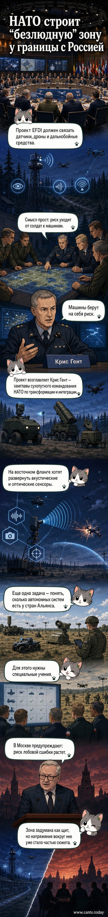 Иллюстрация: граница России с НАТО, где автономные датчики и дроны образуют защитную сеть без участия солдат.