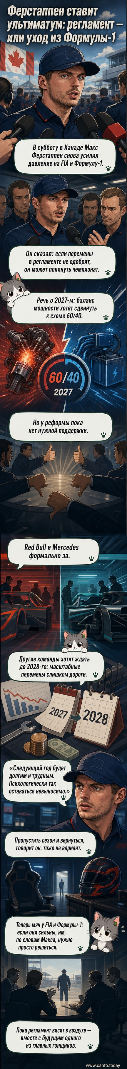 Макс Ферстаппен в кокпите болида Red Bull, с серьёзным выражением лица, на фоне трассы в Монреале