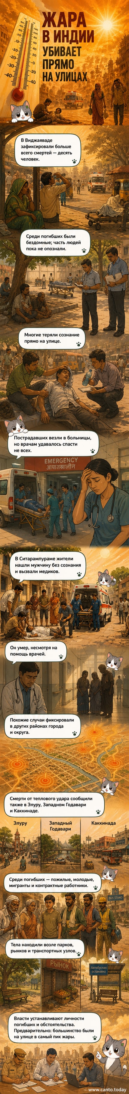 Городская улица в Индии под палящим солнцем, человек лежит на земле, прохожие в тени, температура на табло — 48°C