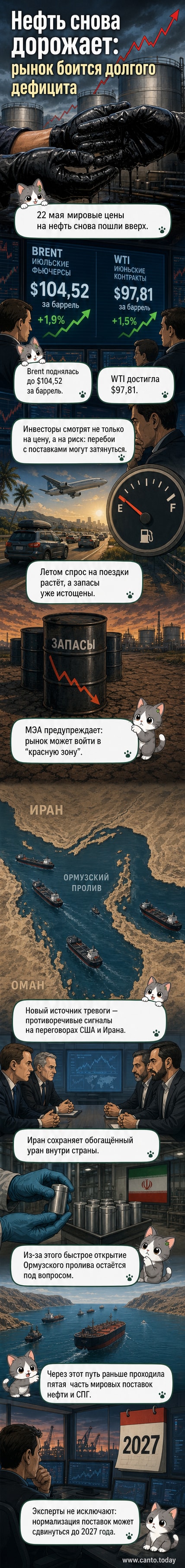 Иллюстрация: нефтяная вышка на фоне карты Ближнего Востока, с обозначением Ормузского пролива и графика роста цен на нефть.