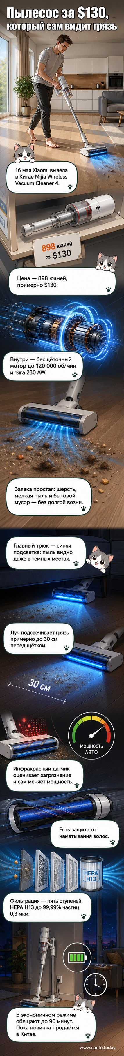 Изображение нового беспроводного пылесоса Xiaomi Mijia Vacuum Cleaner 4 с синей подсветкой, освещающей пыль на полу в темной комнате.
