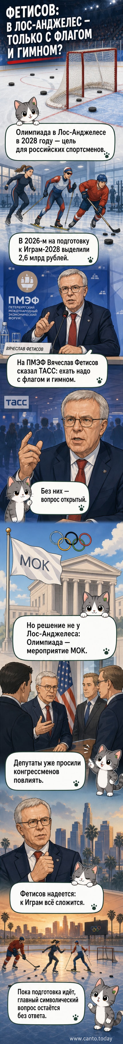 Иллюстрация: Вячеслав Фетисов на фоне олимпийских колец, рядом — флаг России и силуэт стадиона в Лос-Анджелесе.