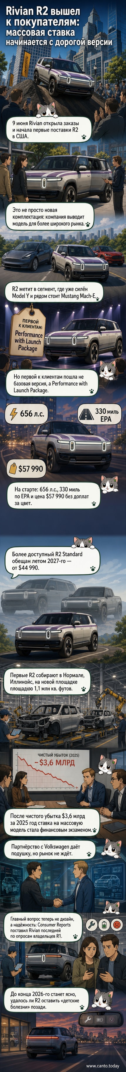 Электрический кроссовер Rivian R2 на фоне городской дороги, вид спереди, с характерной световой полосой и внедорожным дизайном