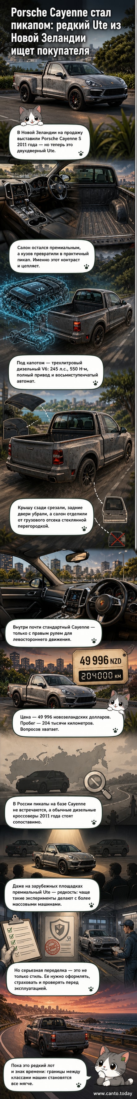 Двухдверный пикап на базе Porsche Cayenne S 2011 года с правым рулём, стоящий на фоне новозеландского пейзажа. Кабина сохранена в оригинальном премиальном стиле, задняя часть — открытый грузовой отсек с перегородкой.