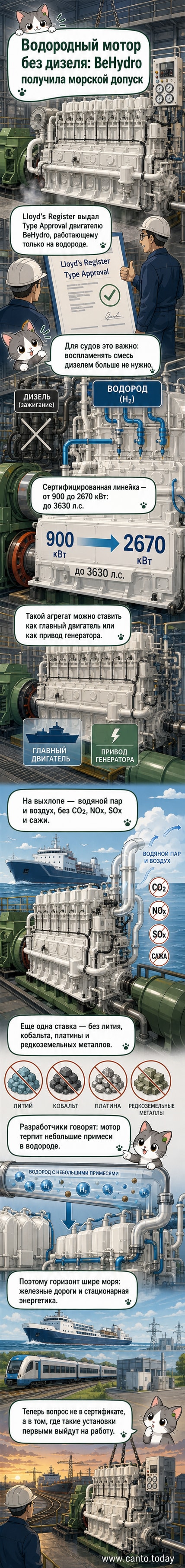Иллюстрация водородного двигателя BeHydro мощностью 3630 л.с. с подписями основных компонентов и схемой выбросов: только водяной пар и воздух, без CO2 и редкоземельных металлов.