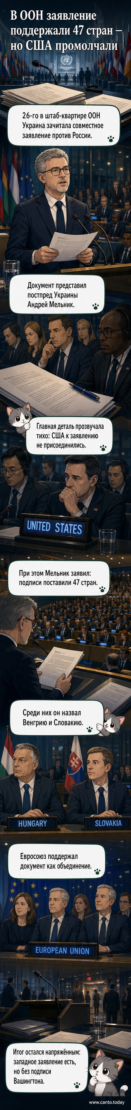 Иллюстрация зала ООН, где дипломаты слушают заявление, на экране — список стран, поддерживающих документ, США в нём отсутствуют.