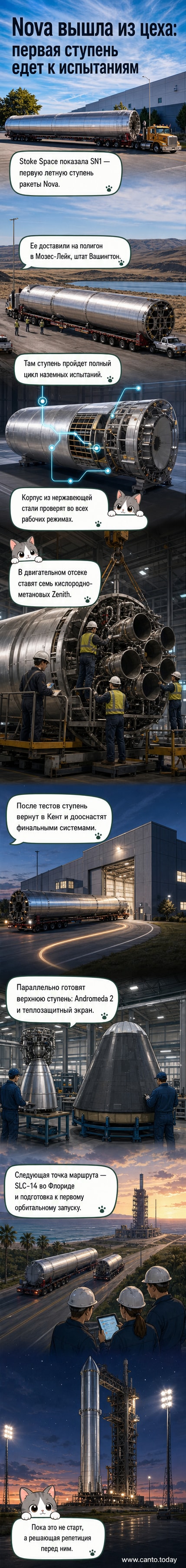 Фотография первой ступени ракеты Nova из нержавеющей стали на фоне испытательного полигона в Мозес-Лейк, штат Вашингтон.