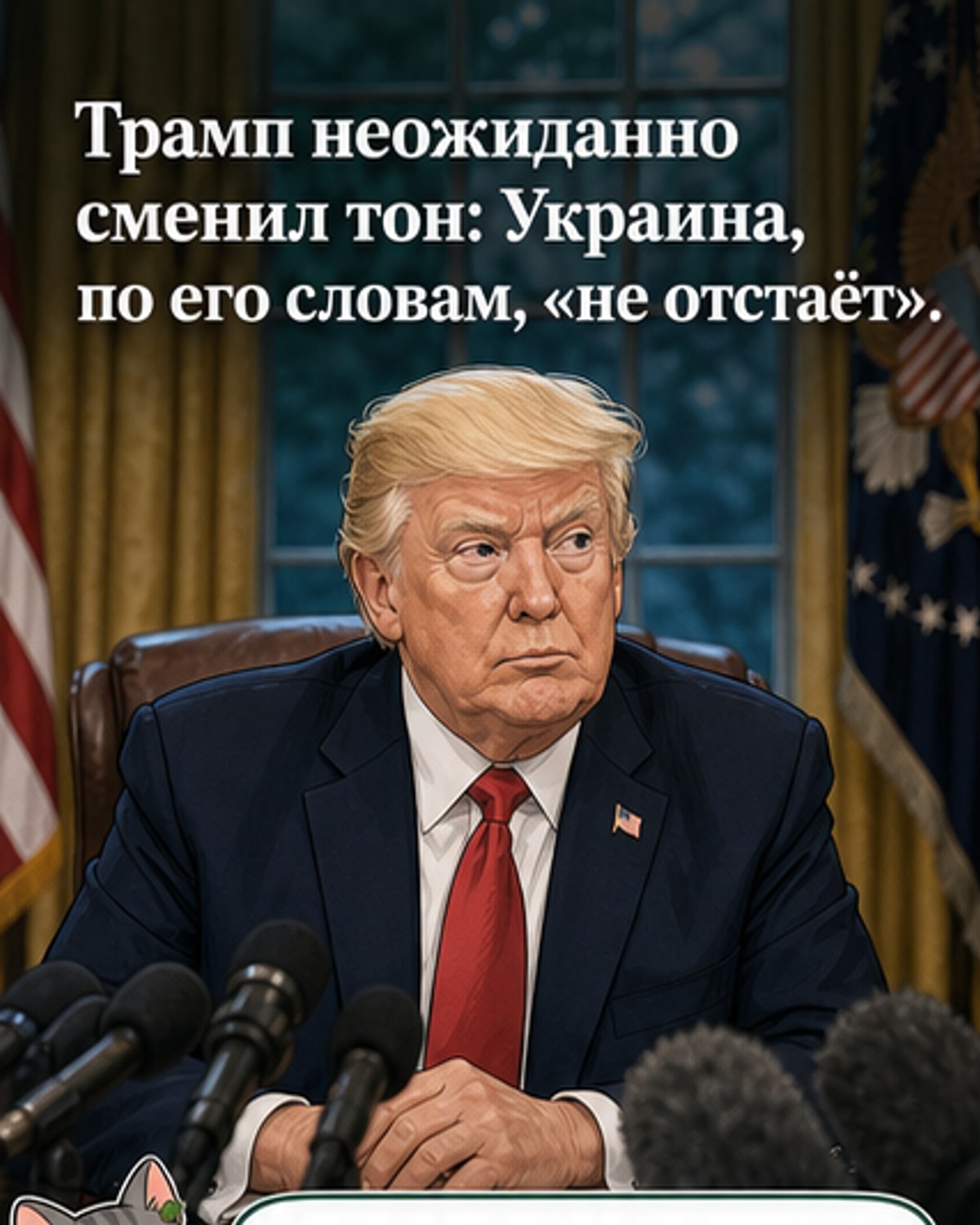 Иллюстрация: Дональд Трамп говорит о военной технике ВСУ, на заднем плане — силуэты танков и флаг Украины