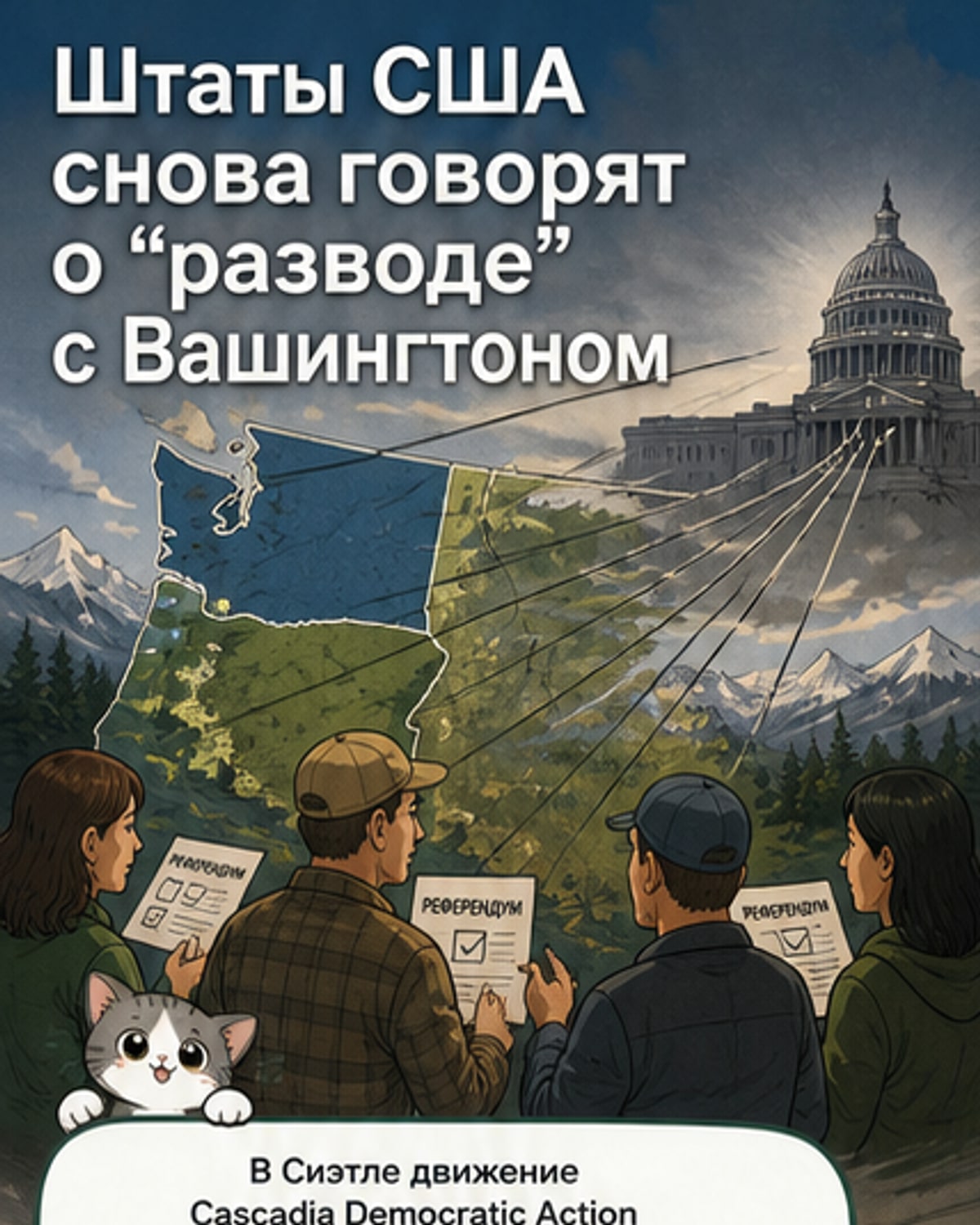 Карта Северной Америки с выделенными регионами, где активны движения за отделение: Каскадия, восток Орегона, Альберта