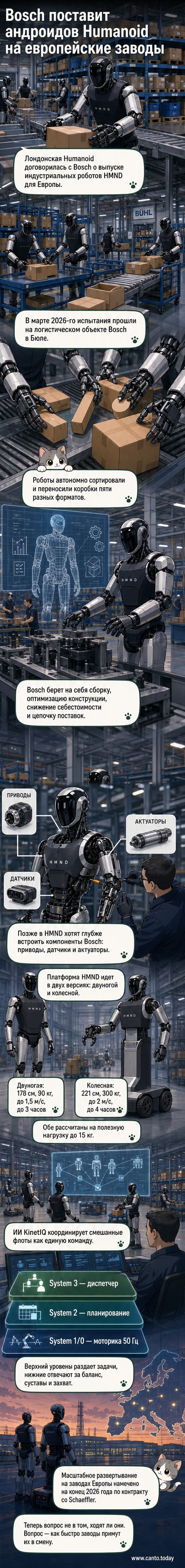 Человекоподобный робот Humanoid на фоне промышленного склада, демонстрирует захват коробки руками
