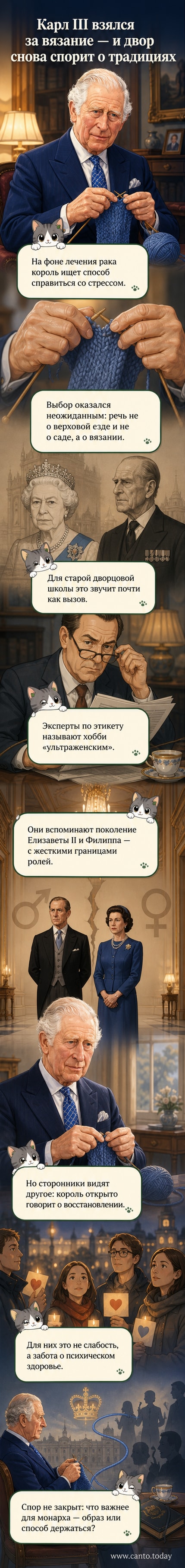 Король Карл III сидит в кресле, держа в руках спицы и вяжущий свитер, на заднем плане — тёплый интерьер дворца.