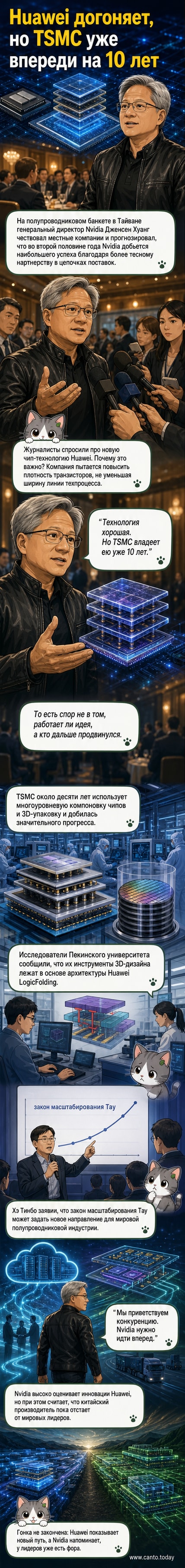 Иллюстрация: два чипа — один с логотипом Huawei, другой с TSMC — на фоне увеличительного стекла, показывающего слои транзисторов. Между ними — временная шкала с разрывом в 10 лет.