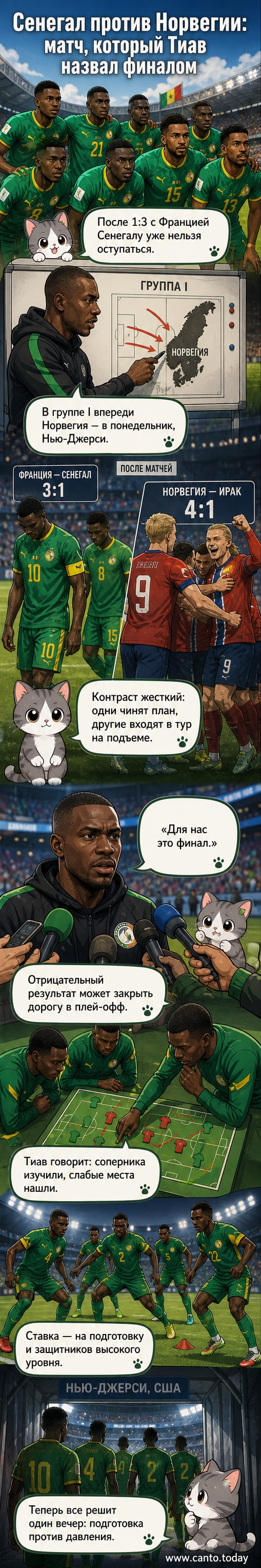 Футбольный тренер в форме сборной Сенегала говорит на фоне стадиона, за его спиной — игроки, готовящиеся к тренировке.