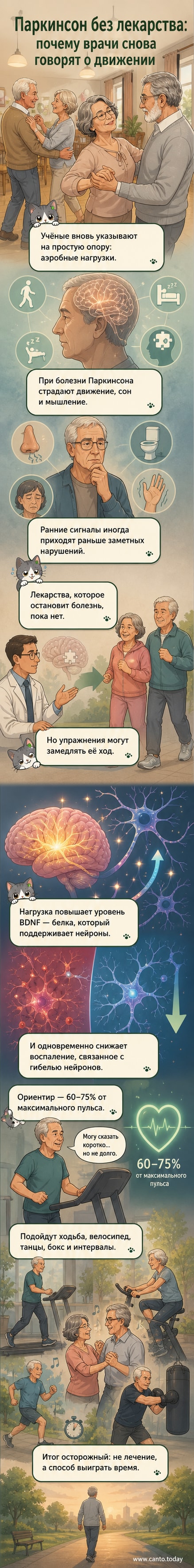 Иллюстрация: человек с диагнозом болезнь Паркинсона занимается аэробикой под руководством тренера, на заднем плане — схематичное изображение мозга с отметками снижения воспаления.