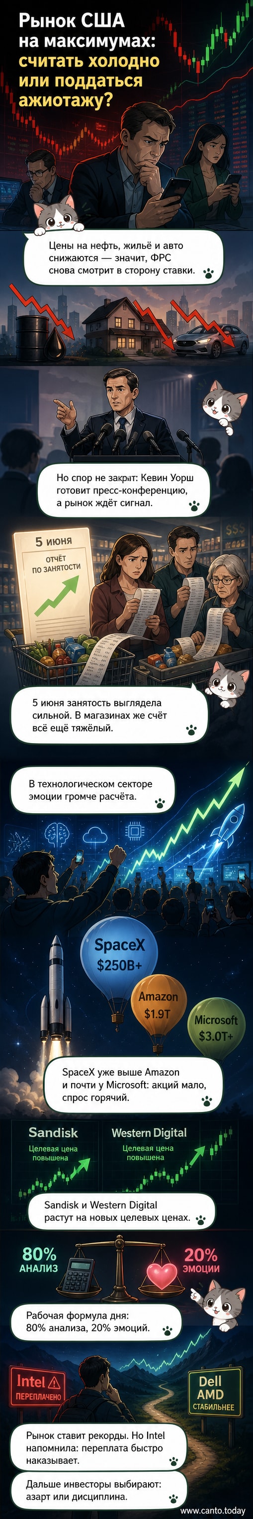 Инвестор сидит перед монитором с графиками фондового рынка, одна рука на клавиатуре, другая — над сердцем, символизируя баланс между расчётом и эмоциями.
