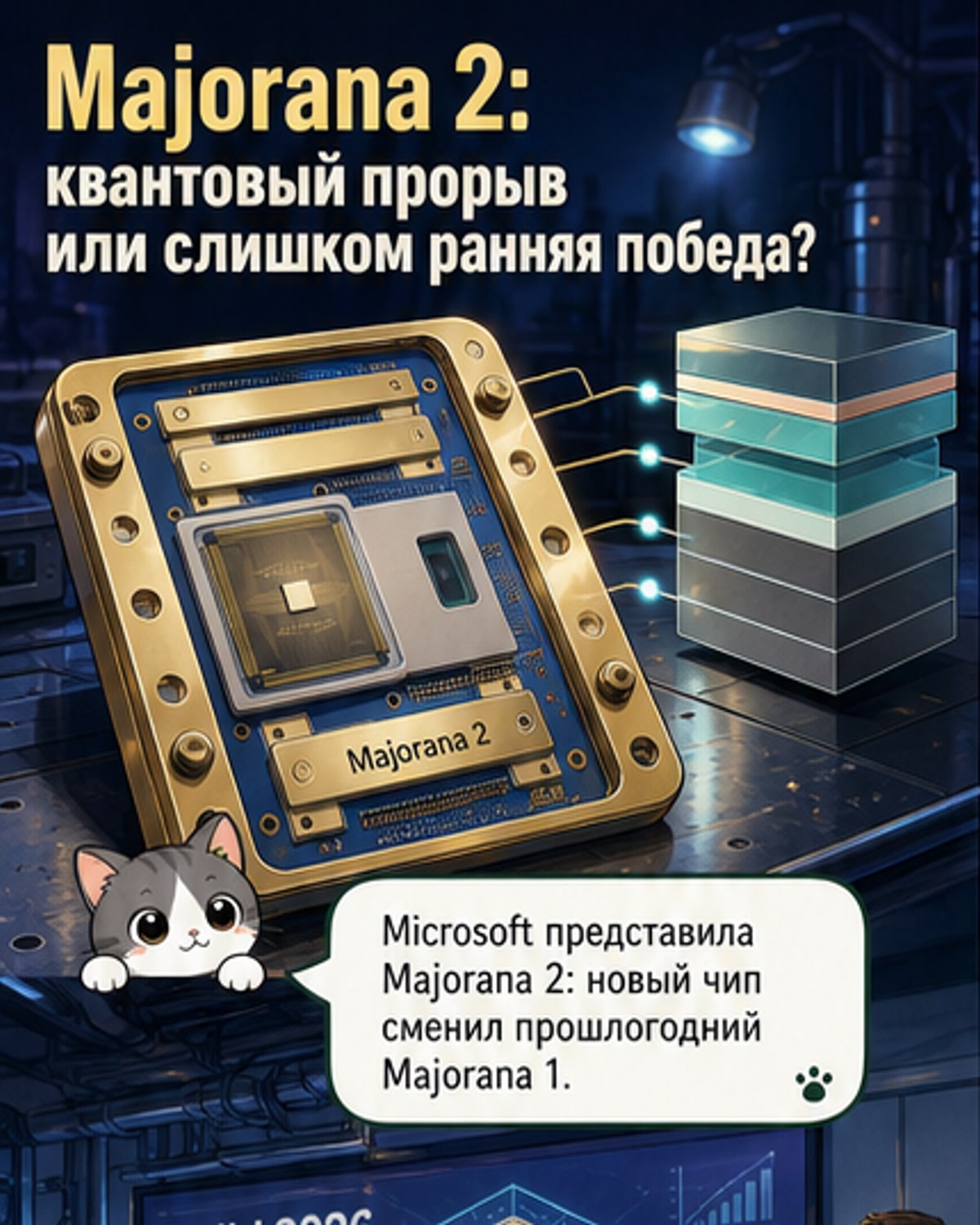 Схематичное изображение квантового чипа Majorana 2 с топологическими кубитами и свинцовой крышкой, фон — лаборатория Microsoft Quantum