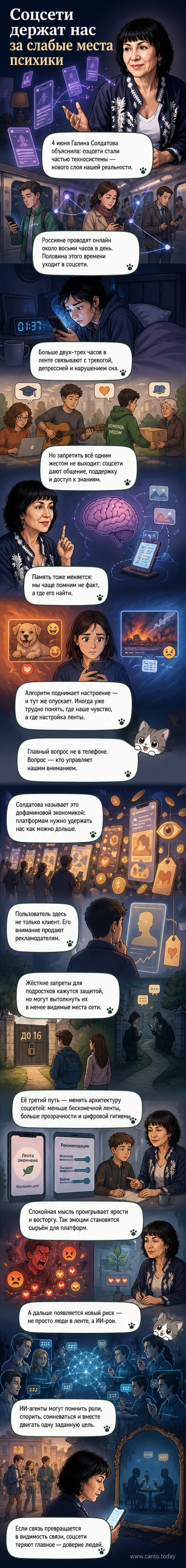 Иллюстрация: человек сидит за телефоном, из экрана выходят нити, цепляющиеся за мозг, с символами лайков, уведомлений и дофамина.