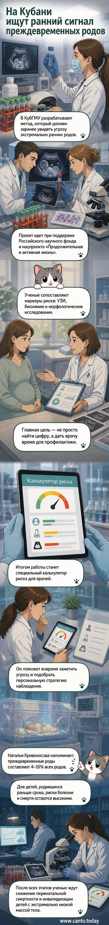 Иллюстрация: врач у ультразвукового монитора, на экране — данные и контуры плода, рядом — схематичный интерфейс калькулятора риска преждевременных родов.
