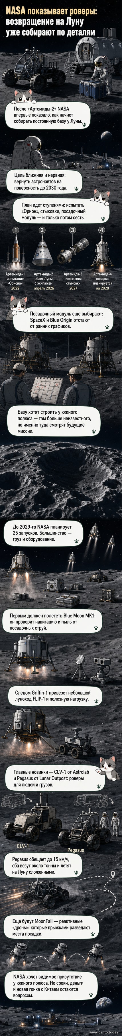 Иллюстрация: два лунных ровера — CLV-1 и Pegasus — на фоне лунного пейзажа с Землёй на горизонте