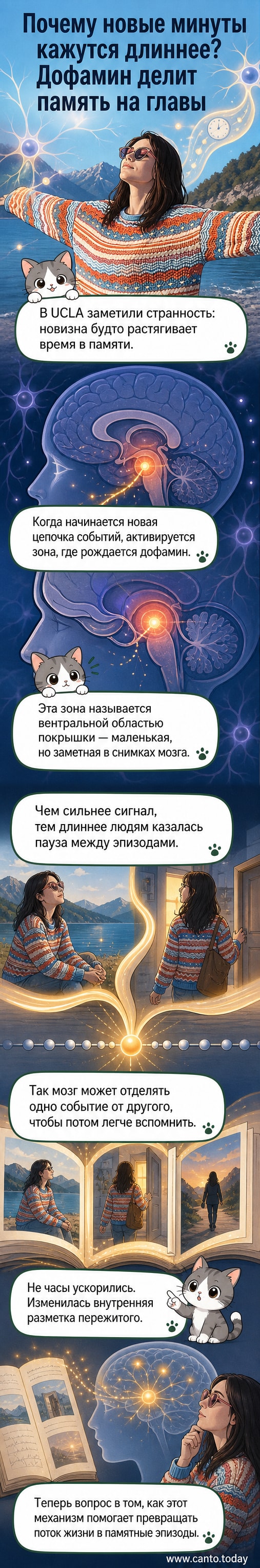 Иллюстрация нейронной сети в мозге с акцентом на вентральную область покрышки, где вырабатывается дофамин, искажающий восприятие времени.