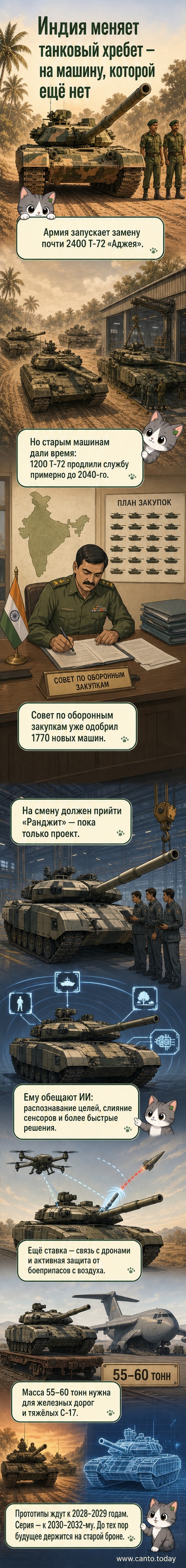 Иллюстрация: современный танк «Ранджит» с элементами ИИ и дронов на фоне устаревших Т-72 и Т-90