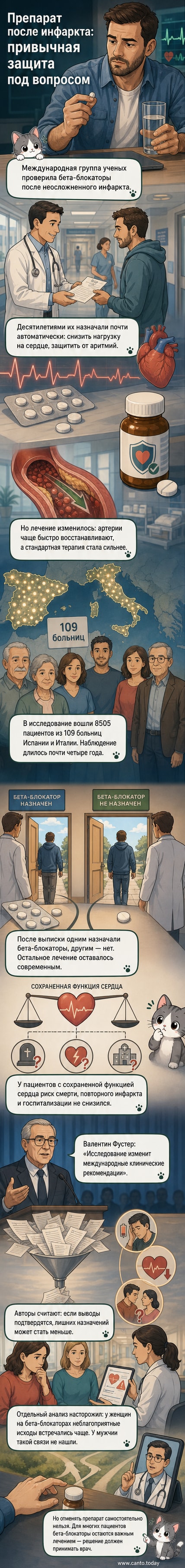 Иллюстрация: врач с таблетками в руке стоит перед пациентом с ЭКГ-монитором, на заднем плане — графики и вопросительные знаки вокруг слова «бета-блокаторы»