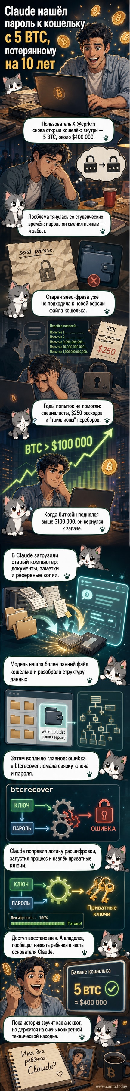 Иллюстрация: человек перед экраном, на котором ИИ-интерфейс анализирует файлы и находит ключ к криптокошельку с биткойнами.