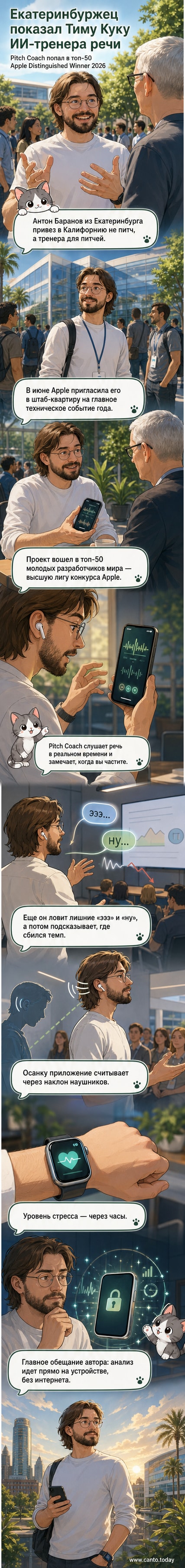 Иллюстрация: молодой разработчик демонстрирует приложение на iPhone, где ИИ-тренер анализирует речь и осанку через AirPods и Apple Watch